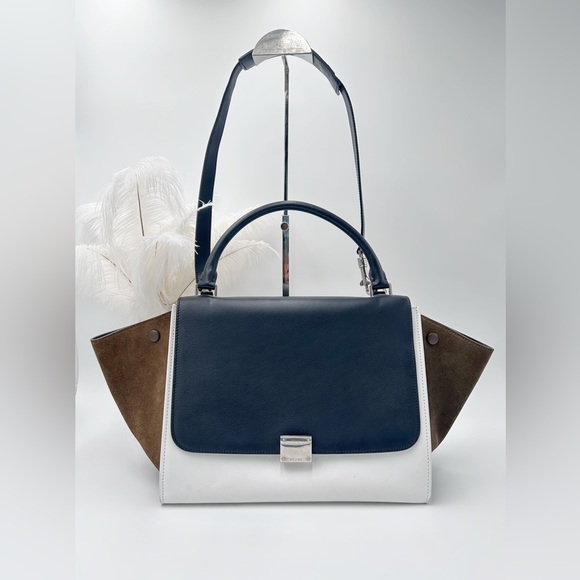 Authentic CELINE Tricolor Trapeze in IvoryBlack/Brown Calfskin Leather And Suede - Picture 1 of 14